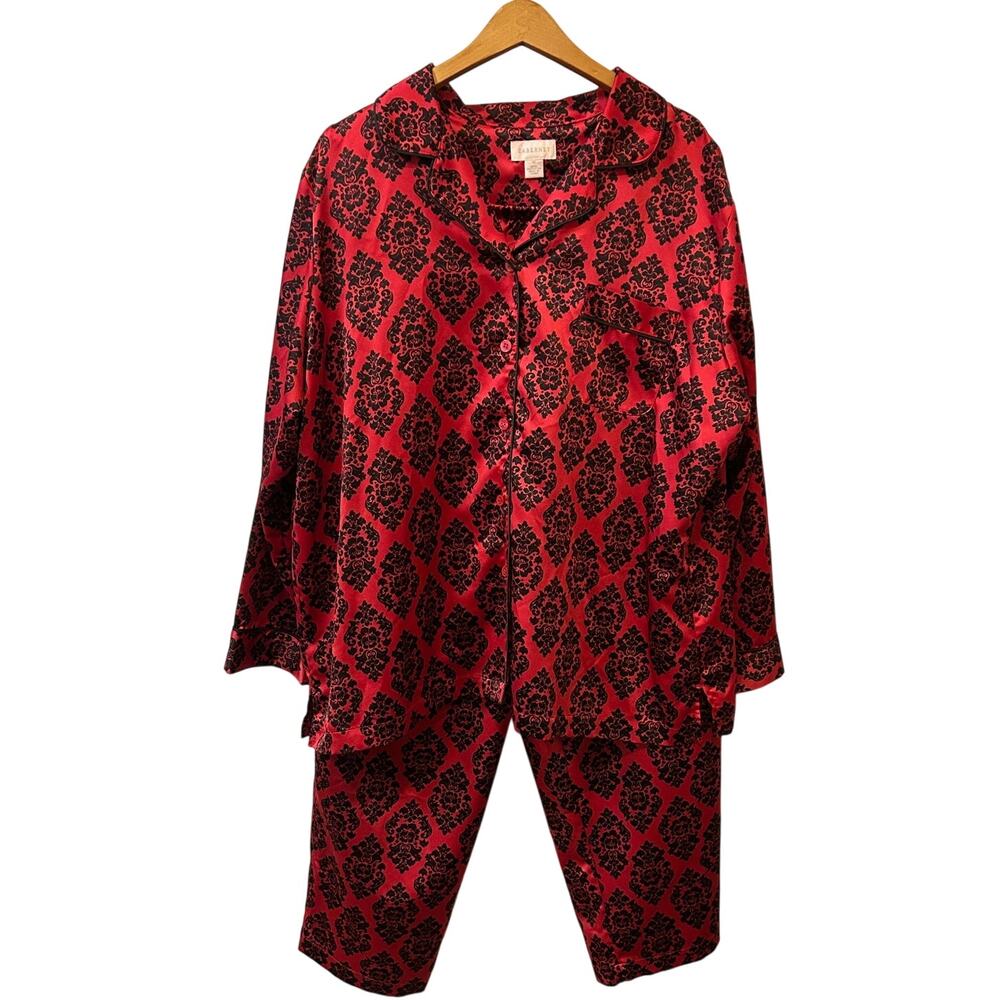 Cabernet silky satin pajama set vibrant red & black damask medallion print